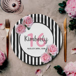 Sweet 16 pink floral black  stripes paper plates<br><div class="desc">A paper plate for a 16th birthday party. Classic slim black and white vertical stripes as background. With girly and feminine pink roses as decoration. A white and pink frame on front with template for age, name and date. Age number 16 in pink, name and date in black. The name...</div>