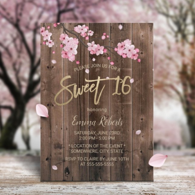 Sweet 16 Pink Floral Cherry Blossom Barn Wood Invitation (Creator Uploaded)