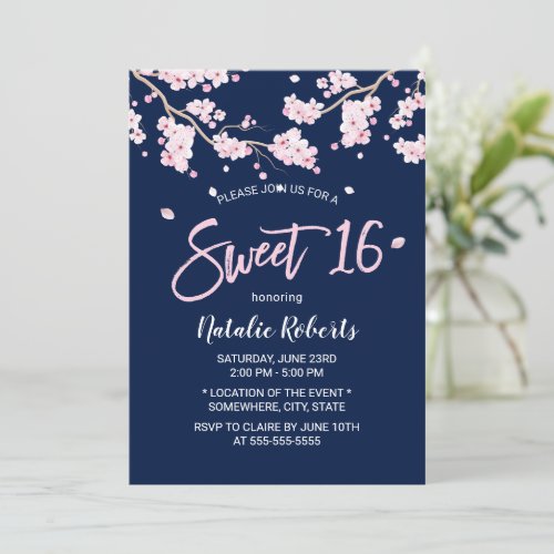 Sweet 16 Pink Floral Cherry Blossom Navy Blue Invitation