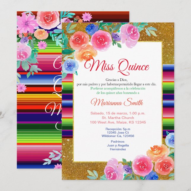 Sweet 16 Pink Floral Mexican Miss Quince Invite (Front/Back)