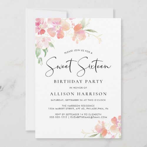Sweet 16 Pink Floral Watercolor Birthday Party Invitation