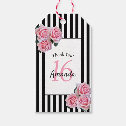 Sweet 16 pink florals black white stripes gift tags