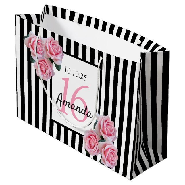 Sweet 16 pink florals black white stripes large gift bag (Back Angled)