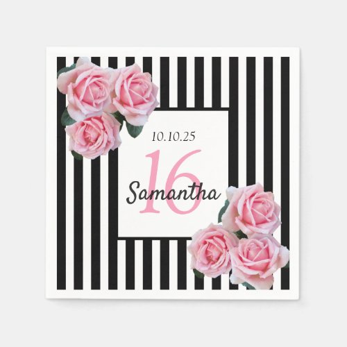 Sweet 16 pink florals black white stripes napkins