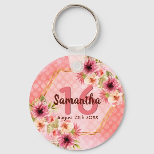 Sweet 16 pink florals gold geometric name keychain