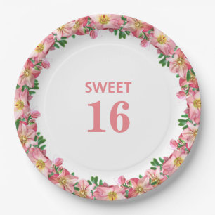 Sweet 16 Pink Flower Garland on White Paper Plates