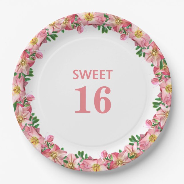 Sweet 16 Pink Flower Garland on White  Paper Plates (Front)
