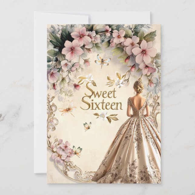 Sweet 16 Pink Flowers Gold Accents Invitation (Front)