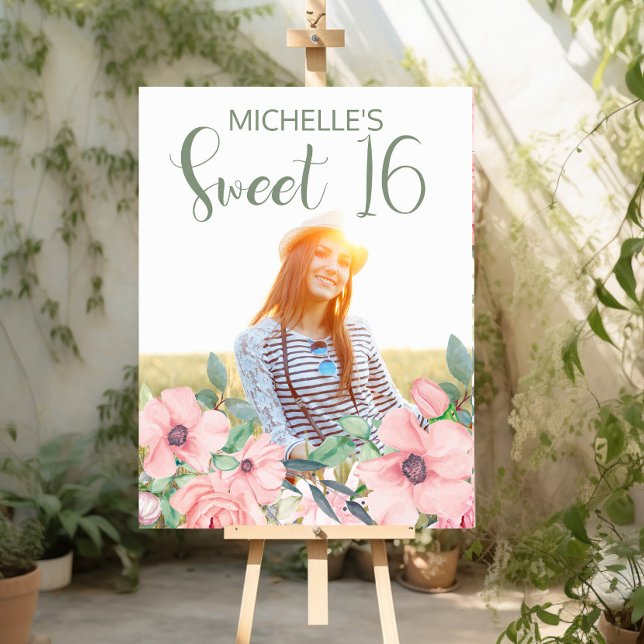 Sweet 16 Pink Flowers Photo Foam Board (Pink floral Sweet 16 photo sign)