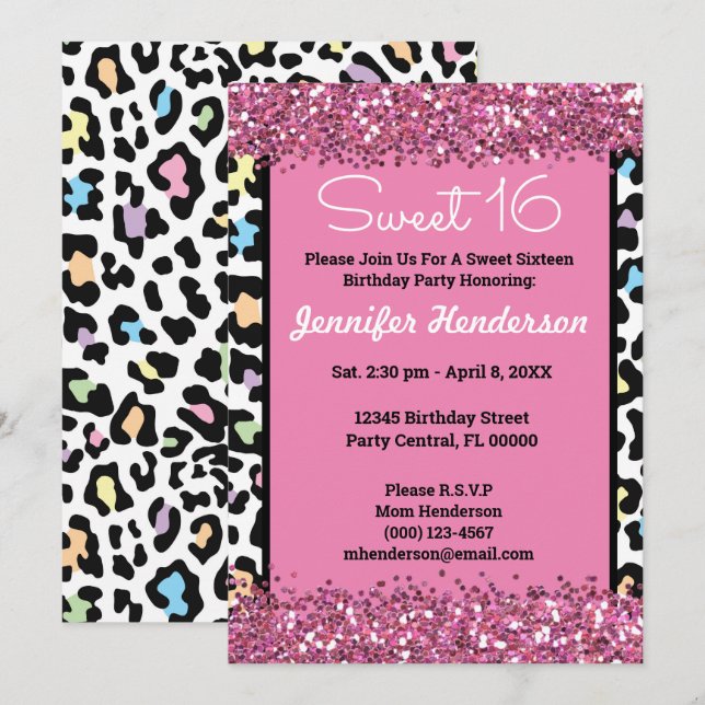Sweet 16 Pink Glitter Colorful Leopard Print Wild Invitation (Front/Back)
