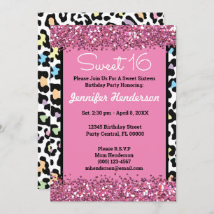Sweet 16 Pink Glitter Colorful Leopard Print Wild Invitation