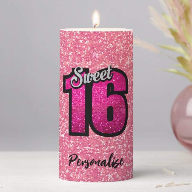 Sweet 16 Pink Glitter Cute Girly Glam Personalized Pillar Candle (In Situ)