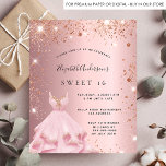 Sweet 16 pink glitter dress budget invitation<br><div class="desc">A modern,  stylish and glamorous invitation for a Sweet 16,  16th birthday party.  A blush pink metallic looking background with rose gold faux glitter and a pink dress.  The name is written with a hand lettered style script.  Personalize and add your party details.</div>