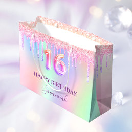 Sweet 16 pink glitter drips holographic name large gift bag