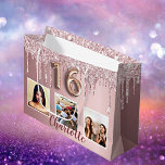 Sweet 16 pink glitter drips photo monogram 16th large gift bag<br><div class="desc">A gift bag for a girly and glamorous Sweet 16 , 16th birthday. A pink faux metallic looking background with faux glitter drips, paint dripping look. Personalize and add 3 photos and a name. Number 16 is written with a balloon style font. Perfect as a party favor bag or as...</div>