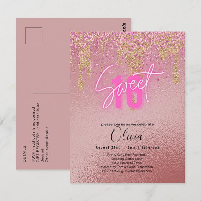 Sweet 16 Pink Glitter Foil Girly Modern  Fl Invita Postcard (Front/Back)