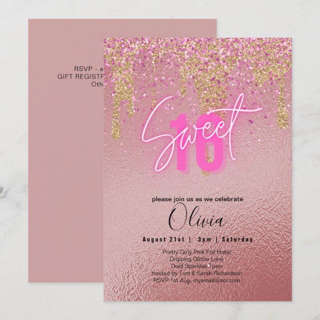 Sweet 16 Pink Glitter Foil Girly Modern  Fl Invitation (Front/Back)