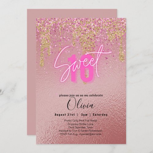 Sweet 16 Pink Glitter Foil Girly Modern  Fl Invitation