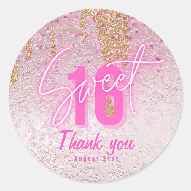 Sweet 16 Pink Glitter Foil Girly Modern Rose Gold Classic Round Sticker (Front)