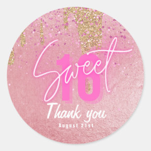 Sweet 16 Pink Glitter Foil Girly Modern Rose Gold Classic Round Sticker