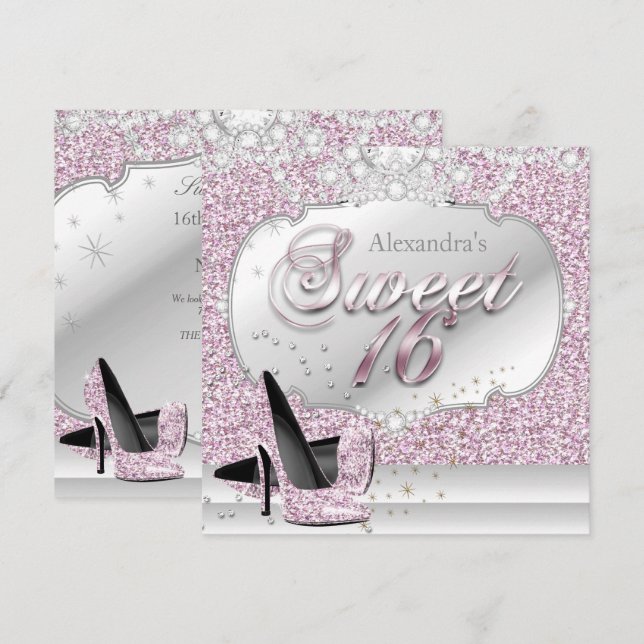 Sweet 16 Pink Glitter Glamour Birthday Party Invitation (Front/Back)