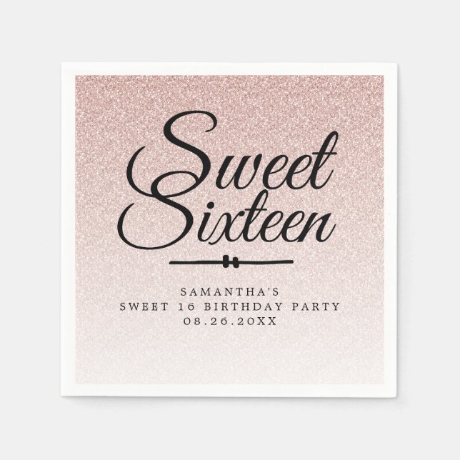 Sweet 16 Pink Glitter Ombre Custom 16th Birthday Napkins (Front)