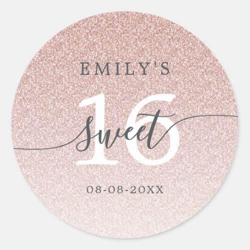 Sweet 16 Pink Glitter Ombre Custom Name Date  Classic Round Sticker