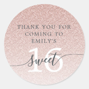 Sweet 16 Pink Glitter Ombre Thank You Custom Name  Classic Round Sticker