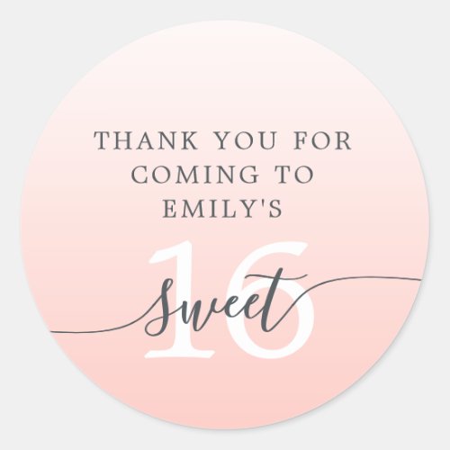 Sweet 16 Pink Glitter Ombre Thank You Custom Name  Classic Round Sticker