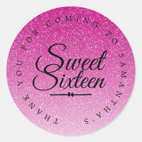 Sweet 16 Pink Glitter Ombre Thank You Custom Name Classic Round Sticker