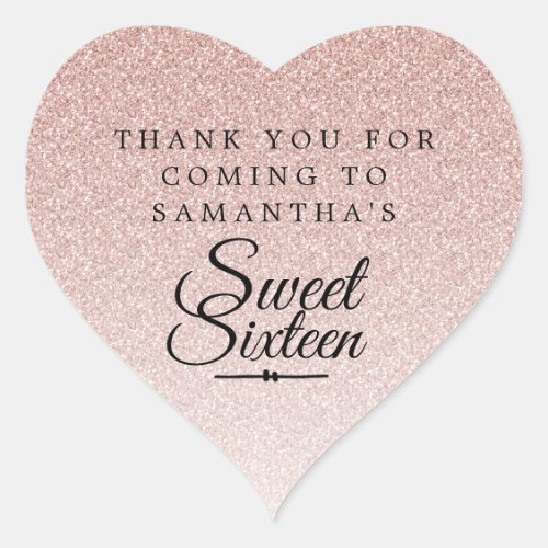 Sweet 16 Pink Glitter Ombre Thank You Custom Name  Heart Sticker