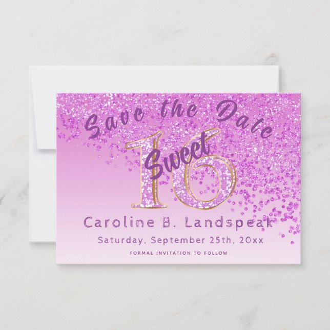 Sweet 16 Pink Glitter Stylish Glitter Number 16 Save The Date (Front)