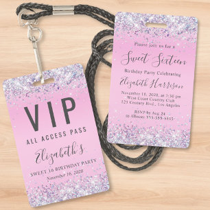 Sweet 16 Pink Glitter VIP Pass Birthday Party Badge