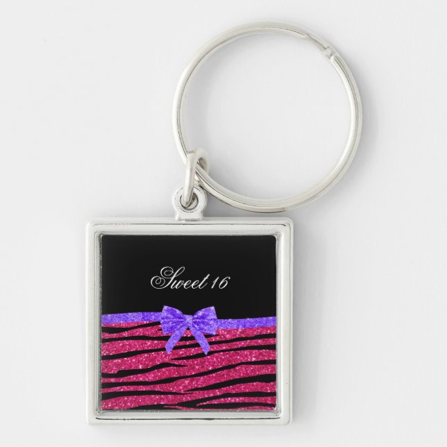 Sweet 16 pink glitter zebra stripes keychain (Front)