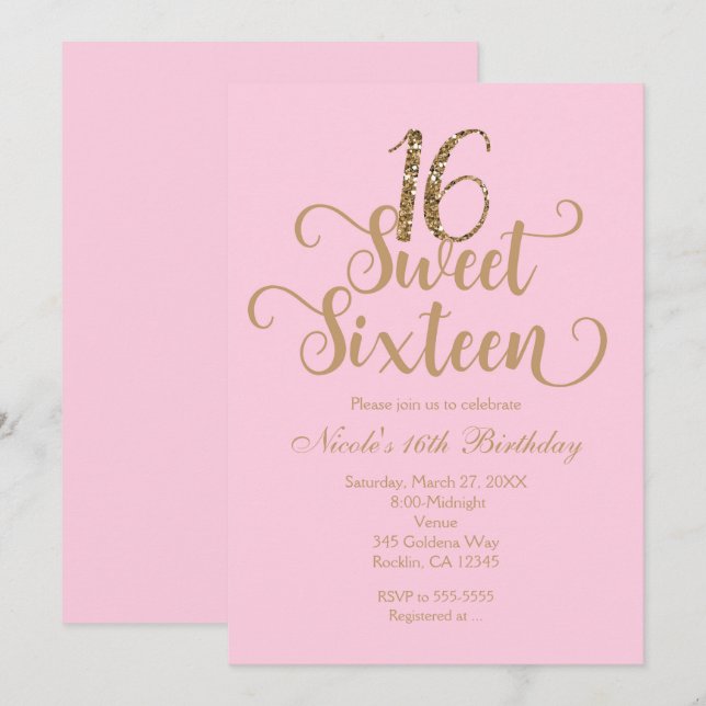 Sweet 16 Pink & Gold Birthday Party Invitations (Front/Back)