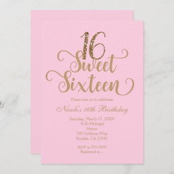 Sweet 16 Pink & Gold Birthday Party Invitations by printabledigidesigns at Zazzle