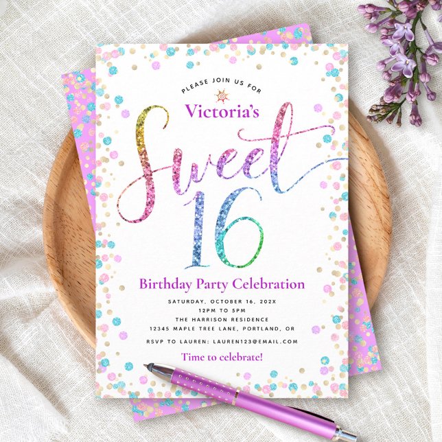 Sweet 16 Pink Gold Blue Glitter Dots Birthday  Invitation (Creator Uploaded)