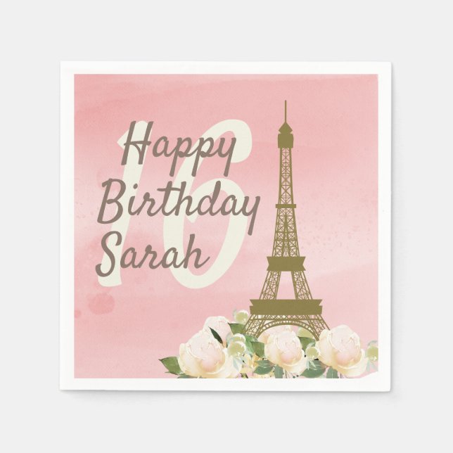 Sweet 16 Pink Gold Eiffel Tower Birthday Napkins (Front)