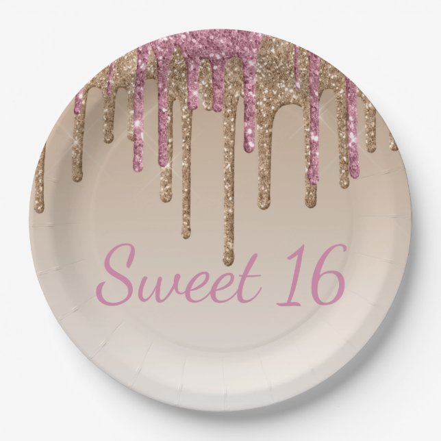 Sweet 16 Pink Gold Glitter Drip Script Ombré Paper Plates (Front)