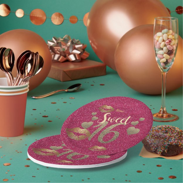 Sweet 16 Pink GOLD Glitter Lips Personalized Paper Plates