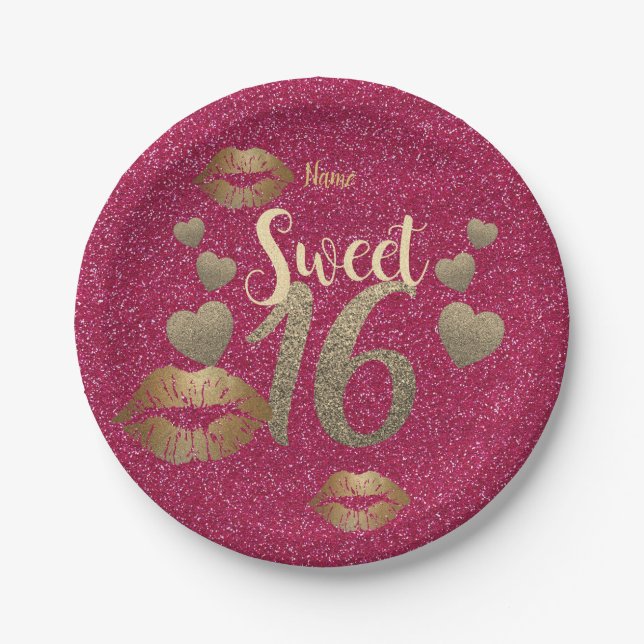 Sweet 16 Pink GOLD Glitter Lips Personalized Paper Plates (Front)