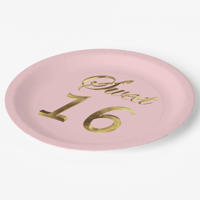 Sweet 16 Pink Gold Look Typography Elegant Paper Plates (Angled)