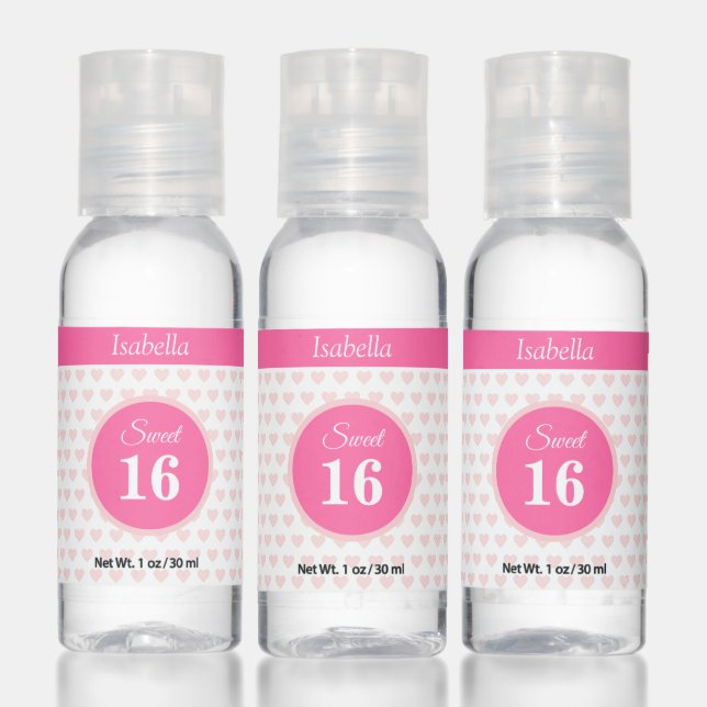 Sweet 16 Pink Heart Pattern Thank You Favor Hand Sanitizer (Set)