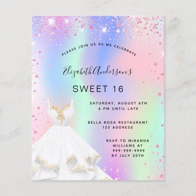 Sweet 16 pink holographic dress invitation (Front)