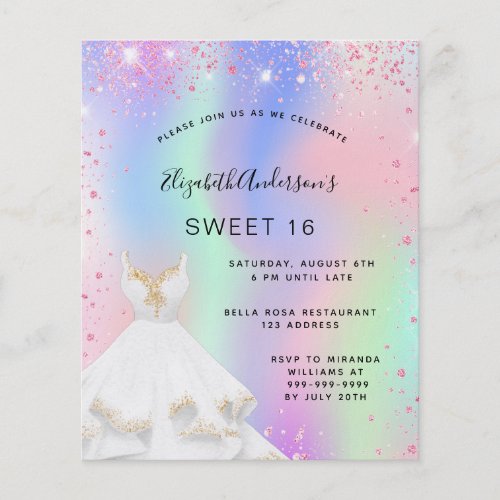 Sweet 16 pink holographic dress invitation flyer