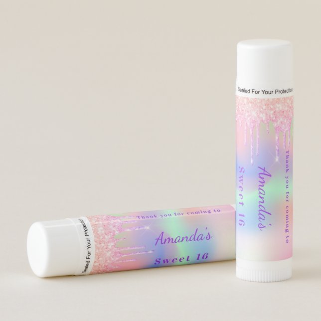 Sweet 16 pink holographic drips thank you lip balm (Front)
