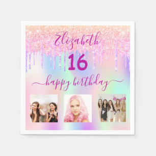 Sweet 16 pink holographic photo name napkins