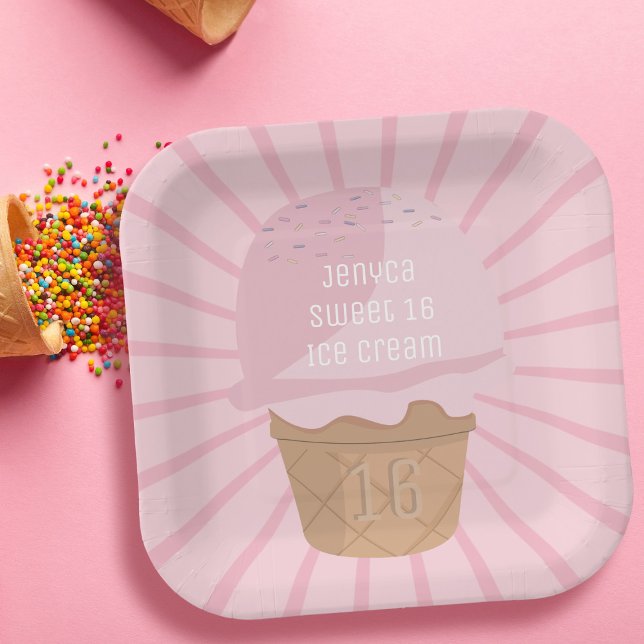 Sweet 16 Pink Ice Cream Cone Girl Birthday Party Paper Plates (Great for sweet 16 birthday parties with an ice cream theme. Just add your name!)