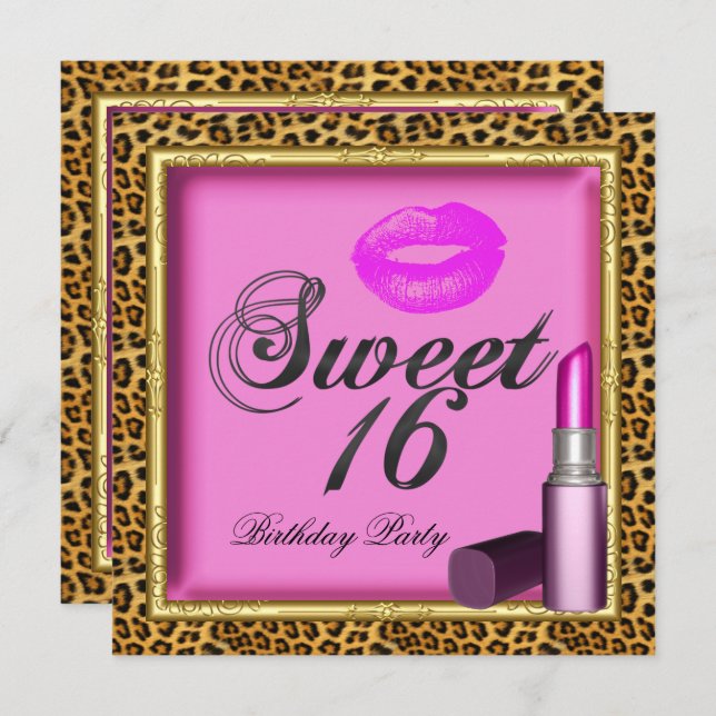 Sweet 16 Pink Lips Lipstick Leopard Gold Invitation (Front/Back)