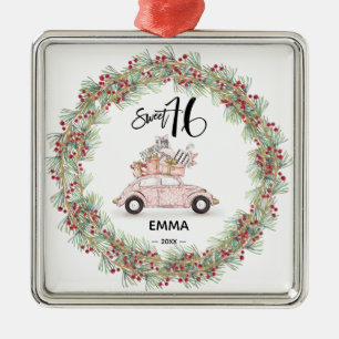 Sweet 16 Pink Name Script Car Christmas Holiday Metal Ornament